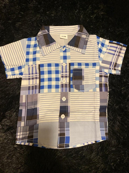 white and blue plaid button up